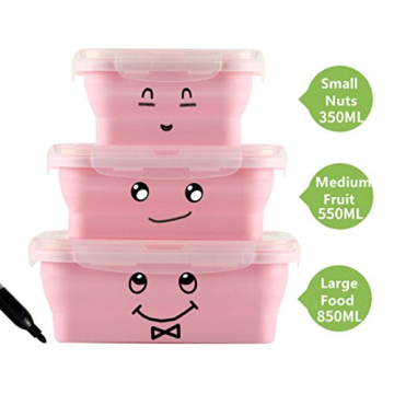 Keweis Silicone Lunch Box Bento Box, Collapsible Folding Food Storage Container with Lids, Kitchen Microwave Freezer and Dishwasher Safe, Set of 3, (Pink)