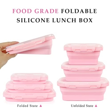 Keweis Silicone Lunch Box Bento Box, Collapsible Folding Food Storage Container with Lids, Kitchen Microwave Freezer and Dishwasher Safe, Set of 3, (Pink)