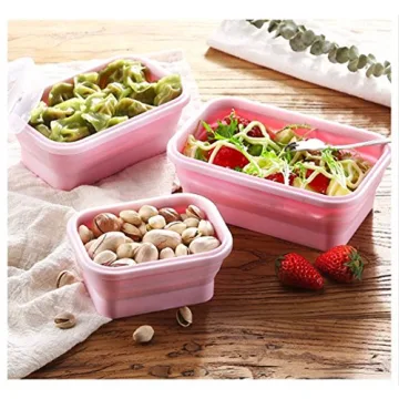 Keweis Silicone Lunch Box Bento Box, Collapsible Folding Food Storage Container with Lids, Kitchen Microwave Freezer and Dishwasher Safe, Set of 3, (Pink)