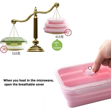 Keweis Silicone Lunch Box Bento Box, Collapsible Folding Food Storage Container with Lids, Kitchen Microwave Freezer and Dishwasher Safe, Set of 3, (Pink)
