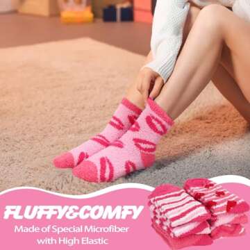 Croknit 12 Pairs of Valentine's Day Pink Fuzzy Socks - Heart Slipper Socks for Women