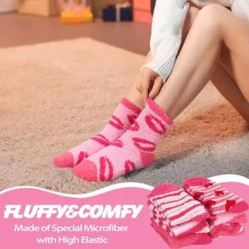 Croknit 12 Pairs of Valentine's Day Pink Fuzzy Socks - Heart Slipper Socks for Women