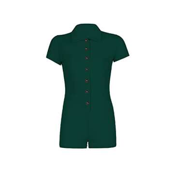 LYANER Women's Collar Button Front Short Sleeve One Piece Romper Playsuit Bodysuits Dark Green Small