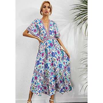 R.Vivimos Women's Summer Print Deep V Neck Midi Dress