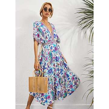 R.Vivimos Women's Summer Print Deep V Neck Midi Dress