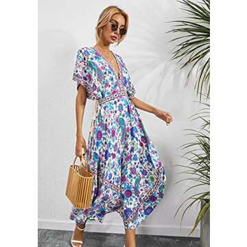 R.Vivimos Women's Summer Print Deep V Neck Midi Dress