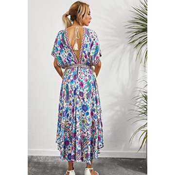R.Vivimos Women's Summer Print Deep V Neck Midi Dress