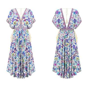 R.Vivimos Women's Summer Print Deep V Neck Midi Dress