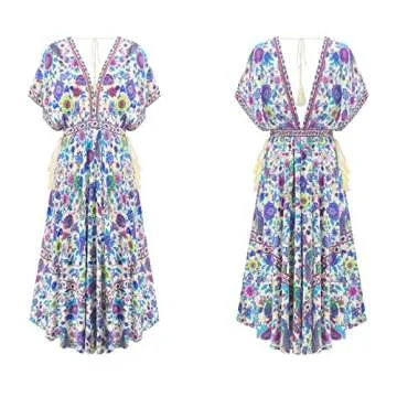 R.Vivimos Women's Summer Print Deep V Neck Midi Dress