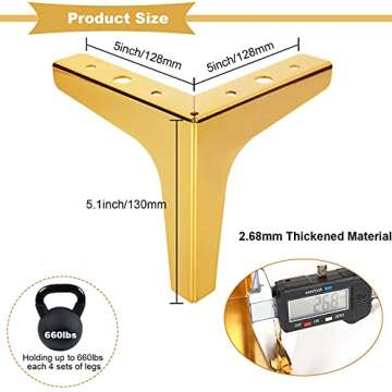 MNKNENG 8 Packs Metal Gold Furniture Legs 5 Inch Gold Couch Legs Extenders Modern Style Heavy Duty Replacement Gold Leg for Furniture Sofa Couch Chair Ottoman Cabinet