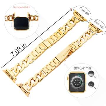 Kolgios Gold Fashion Women Cool Chain 38/40/41mm Smartwatch Bands Compatible for Apple Watch Bands Series 9/8/7/6/SE/5 Durable Replacement Bracelet for Iwatch S9/8/SE Women Gift