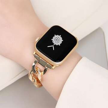 Kolgios Gold Fashion Women Cool Chain 38/40/41mm Smartwatch Bands Compatible for Apple Watch Bands Series 9/8/7/6/SE/5 Durable Replacement Bracelet for Iwatch S9/8/SE Women Gift