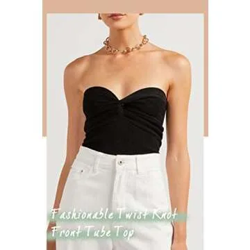 NTSWZYS Womens Strapless Crop Top Sexy Twist Knot Front Solid Ribbed Knit Tube Top Sleeveless Camisole Tanks Top (CF-Black,M)