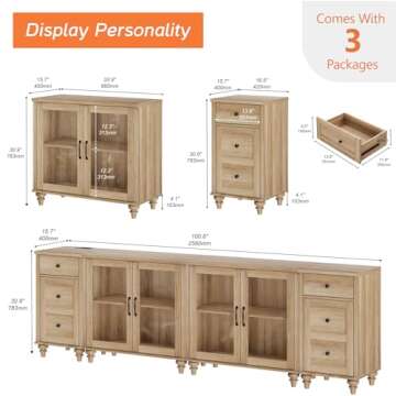 WAMPAT Sideboard Buffet Cabinets with 4-Glass Door, Kitchen Storage Cabinets with Charging Station, Wood Coffee Bar Tables with Adjustable Shelf & 2 Drawers for Dining Room, Living Room, Oak