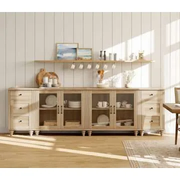 WAMPAT Sideboard Buffet Cabinets with 4-Glass Door, Kitchen Storage Cabinets with Charging Station, Wood Coffee Bar Tables with Adjustable Shelf & 2 Drawers for Dining Room, Living Room, Oak