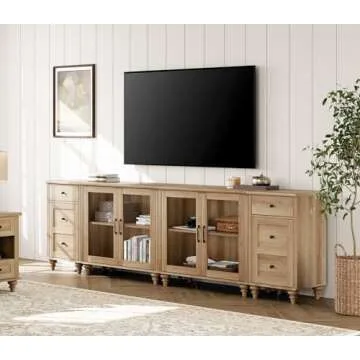 WAMPAT Sideboard Buffet Cabinets with 4-Glass Door, Kitchen Storage Cabinets with Charging Station, Wood Coffee Bar Tables with Adjustable Shelf & 2 Drawers for Dining Room, Living Room, Oak