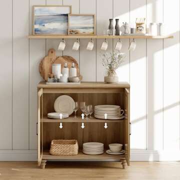 WAMPAT Sideboard Buffet Cabinets with 4-Glass Door, Kitchen Storage Cabinets with Charging Station, Wood Coffee Bar Tables with Adjustable Shelf & 2 Drawers for Dining Room, Living Room, Oak