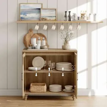 WAMPAT Sideboard Buffet Cabinets with 4-Glass Door, Kitchen Storage Cabinets with Charging Station, Wood Coffee Bar Tables with Adjustable Shelf & 2 Drawers for Dining Room, Living Room, Oak