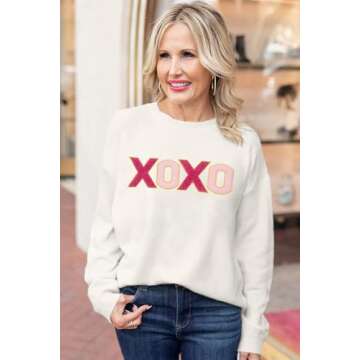 LEMAFER Women's 2025 Valentines Day Sweater White Xoxo Round Neck Casual Slogan Long Sleeve Knit Ribbed Sweatshirt Pullover Tops
