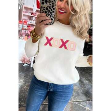 LEMAFER Women's 2025 Valentines Day Sweater White Xoxo Round Neck Casual Slogan Long Sleeve Knit Ribbed Sweatshirt Pullover Tops