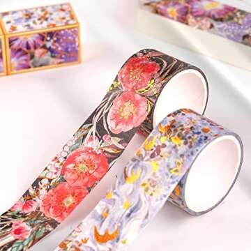 LUHIMO Floral Washi Tape - Gold Foil Vintage Decorative Tape for DIY Crafts and Gift Wrapping