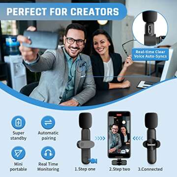 Leereel 2 Pack Wireless Lavalier Microphones for iPhone iPad, 2.4GHz Plug & Play Lapel Clip-on Mic for YouTube TikTok Interview Live Stream Video Recording - 3 Levels Noise Reduction, Auto Sync