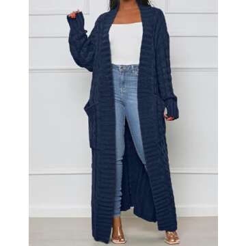 LIVECLOTH Stylish Cable Knit Dual Pocket Cardigan Long, Womens Fall Cardigan, Womens Knit Cardigan, Womens Long Cardigan, Womens Sweater Cardigan (Deep Blue, L)