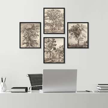 SIGNWIN Framed Poster Forest Tree Sketches Sepia Duotone Wilderness Nature Illustrations Fine Art De...