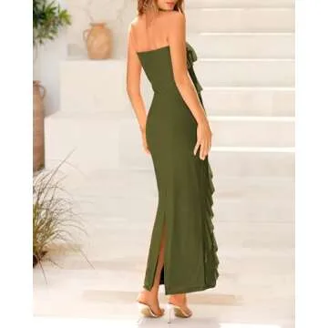 BTFBM Women's Summer Bodycon Maxi Tube Dress Ribbed Strapless Long Dress Going Out Casual Elegant Party Dresses(Solid Army Green,Large)