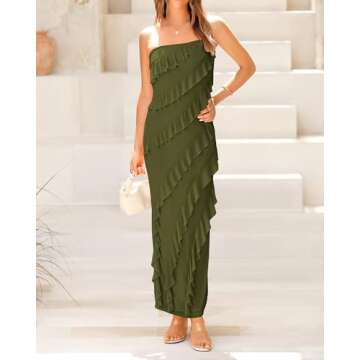 BTFBM Women's Summer Bodycon Maxi Tube Dress Ribbed Strapless Long Dress Going Out Casual Elegant Party Dresses(Solid Army Green,Large)