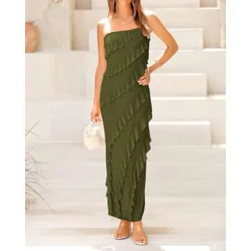 BTFBM Women's Summer Bodycon Maxi Tube Dress Ribbed Strapless Long Dress Going Out Casual Elegant Party Dresses(Solid Army Green,Large)