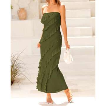 BTFBM Women's Summer Bodycon Maxi Tube Dress Ribbed Strapless Long Dress Going Out Casual Elegant Party Dresses(Solid Army Green,Large)