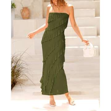 BTFBM Women's Summer Bodycon Maxi Tube Dress Ribbed Strapless Long Dress Going Out Casual Elegant Party Dresses(Solid Army Green,Large)
