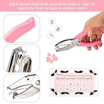 150 Pieces Heart Shaped Lash Extension Refill Filler Loyalty Punch Cards with Metal Single Handheld Hole Paper Punch Puncher for Eyelash Extensions Business Beauty Salons DIY Craft Decoration