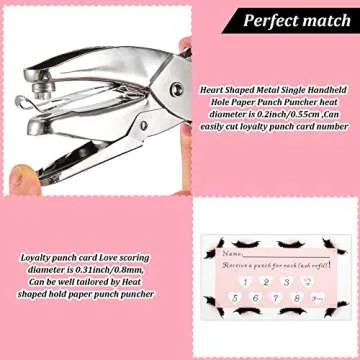 150 Pieces Heart Shaped Lash Extension Refill Filler Loyalty Punch Cards with Metal Single Handheld Hole Paper Punch Puncher for Eyelash Extensions Business Beauty Salons DIY Craft Decoration