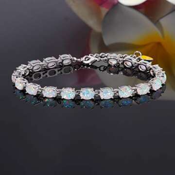 CiNily Oval Shape Tennis White Opal Bracelet for Women Ladies Adjustable Opal Jewelry Rhodium Plated...