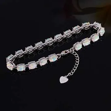 CiNily Oval Shape Tennis White Opal Bracelet for Women Ladies Adjustable Opal Jewelry Rhodium Plated Gemstone Bracelet 8.5"