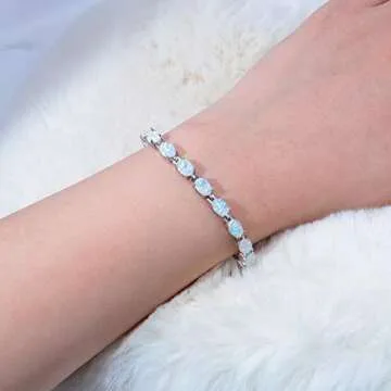 CiNily Oval Shape Tennis White Opal Bracelet for Women Ladies Adjustable Opal Jewelry Rhodium Plated Gemstone Bracelet 8.5"