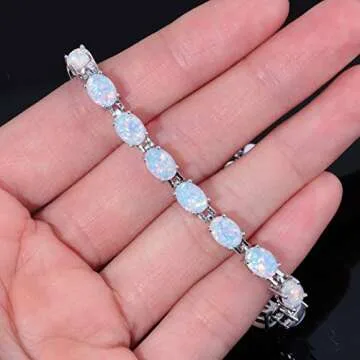 CiNily Oval Shape Tennis White Opal Bracelet for Women Ladies Adjustable Opal Jewelry Rhodium Plated Gemstone Bracelet 8.5"