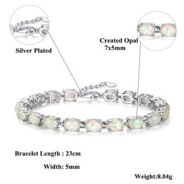 CiNily Oval Shape Tennis White Opal Bracelet for Women Ladies Adjustable Opal Jewelry Rhodium Plated Gemstone Bracelet 8.5"