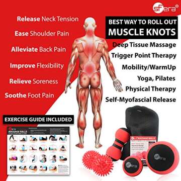 sFera Massage Ball Set of 5 for Trigger Point Therapy, Myofascial Release, Deep Tissue | Includes: Small and Large Firm Foam Roller Balls, 2 Spiky Balls, Peanut Roller, Mesh Bag, Manual