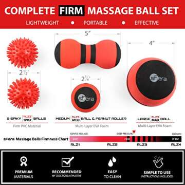 sFera Massage Ball Set of 5 for Trigger Point Therapy, Myofascial Release, Deep Tissue | Includes: Small and Large Firm Foam Roller Balls, 2 Spiky Balls, Peanut Roller, Mesh Bag, Manual