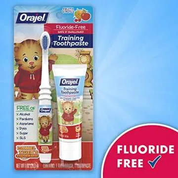 Orajel Daniel Tiger’s Neighborhood Fluoride-Free Training Toothpaste & Toothbrush Combo Pack, Tooty Fruity Stripes Flavor, Non-Fluoride, 2 Piece Set