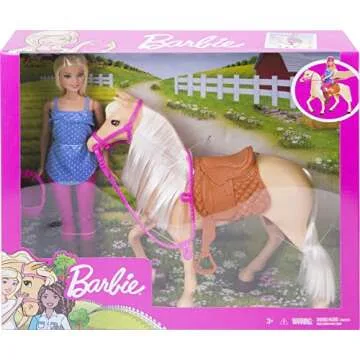 Barbie Playet with Blonde Fashion Doll in Riding Outfit & Light Brown Horse with Saddle, Bridle & Reins