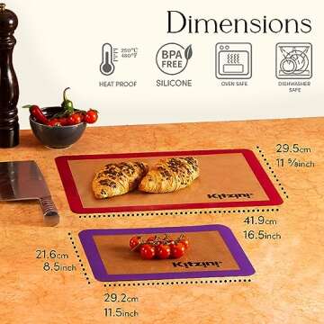 Kitzini Silicone Baking Mat Set. Non-Stick Silicone Mats for Baking. BPA Free Baking Sheets. Profess...