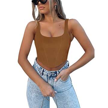 REORIA Women's Summer Sexy Square Neck Sleeveless Trendy Night Club Cropped Tank Top Cute Going Out Bustier Corset Crop Tops Brown Small