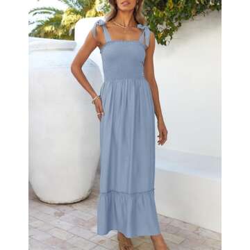 ZESICA Women's Summer Boho Spaghetti Strap Square Neck Solid Color Ruffle A Line Beach Long Maxi Dress,Blue,X-Large