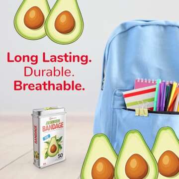BioSwiss Bandages, Avocado Shaped Self Adhesive Bandage, Latex Free Sterile Wound Care, Fun First Aid Kit Supplies for Kids, 50 Count