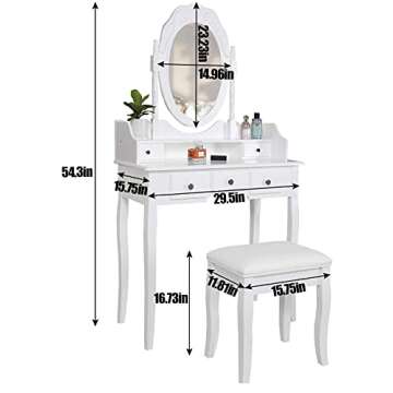 Vanity Mirror Table Set, Makeup Desk Vanity with Stool, Vintage Bedroom Vanity Lots Storage Dressing Table White for Women and Girls