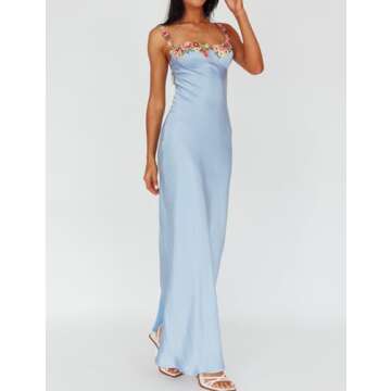 Satin Spaghetti Strap Floral Embroidered Maxi Dress